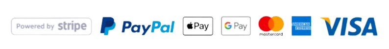 ApplePay, GooglePay, Mastercard, American Express, VISA all provided by Stripe. We also support PayPal.